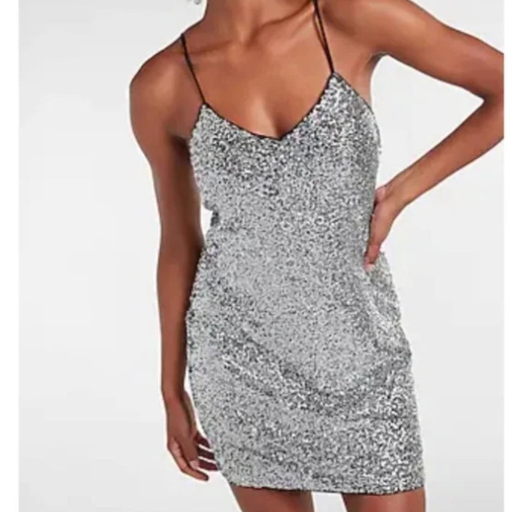 NWT Express Sequin Glitter Slip Dress Black Silver Medium Cami Mini Dress